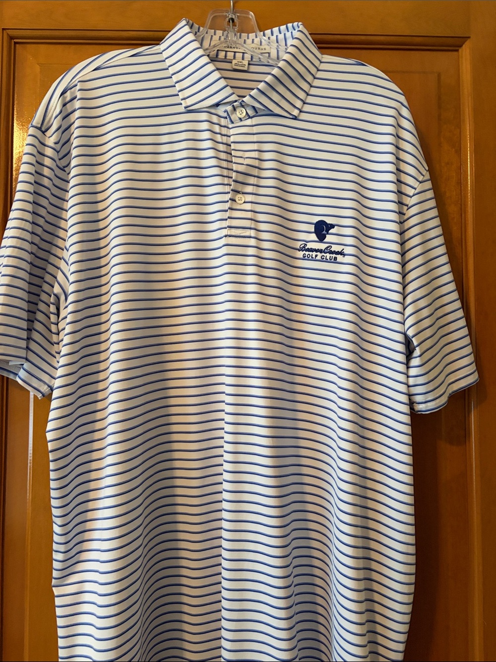Men's White Polo with Blue Stripes - Golf Club Logo